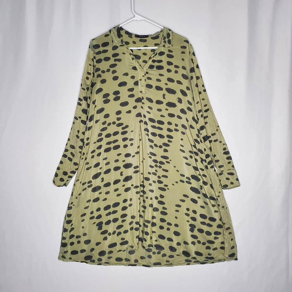 GRIZAS Silk Dress Small Bamboo Gauze Olive Black Dalmatian Spotted Tunic
